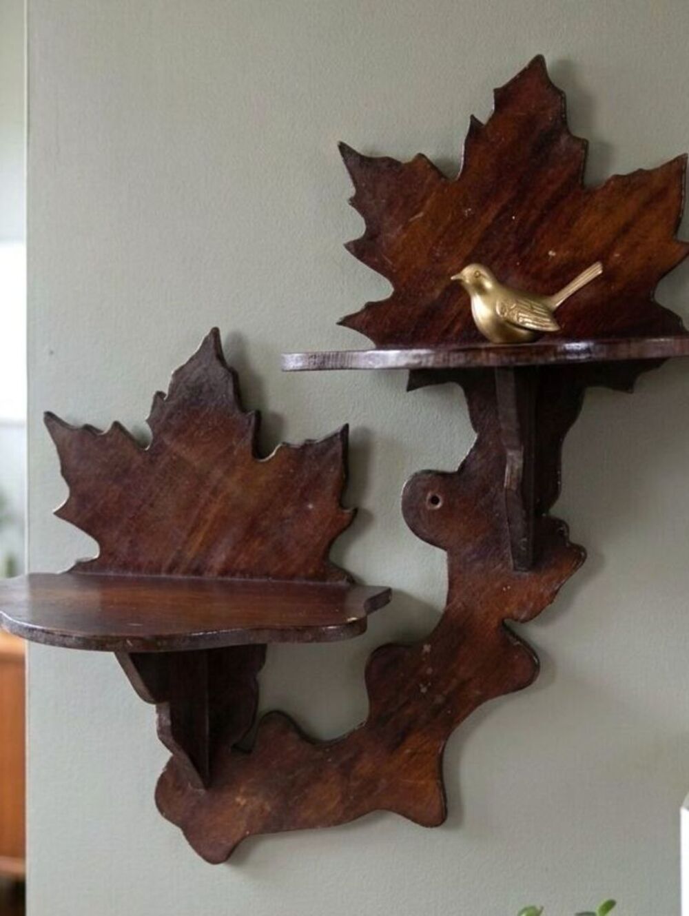 Vintage Cottage Dark Wood Maple Leaf Wall Shelf
